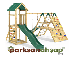 30650 - Ahşap Çift Kaydıraklı Tırmanmalı Salıncaklı Set